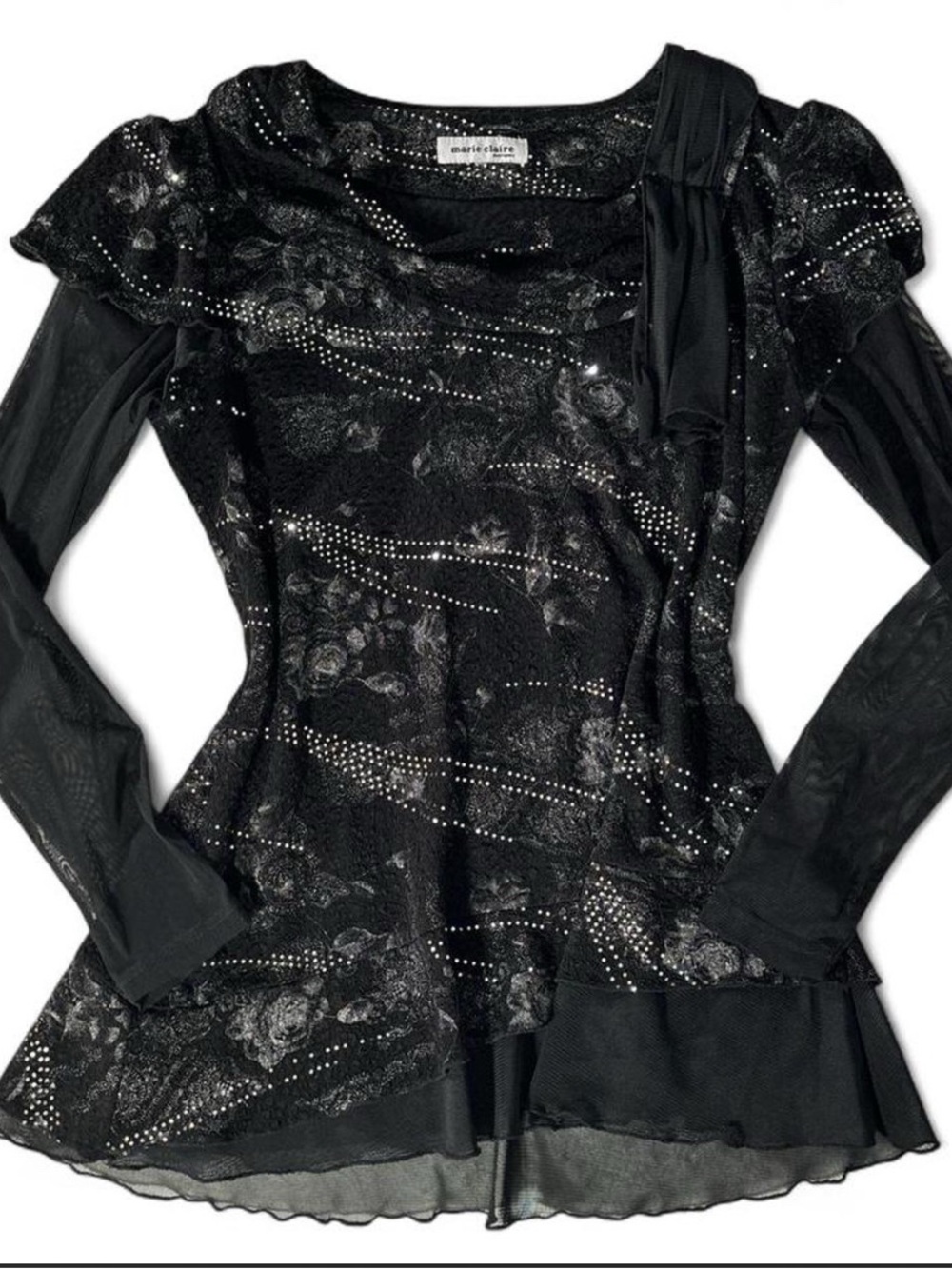 Black Long-Sleeve Embellished Mesh Dress